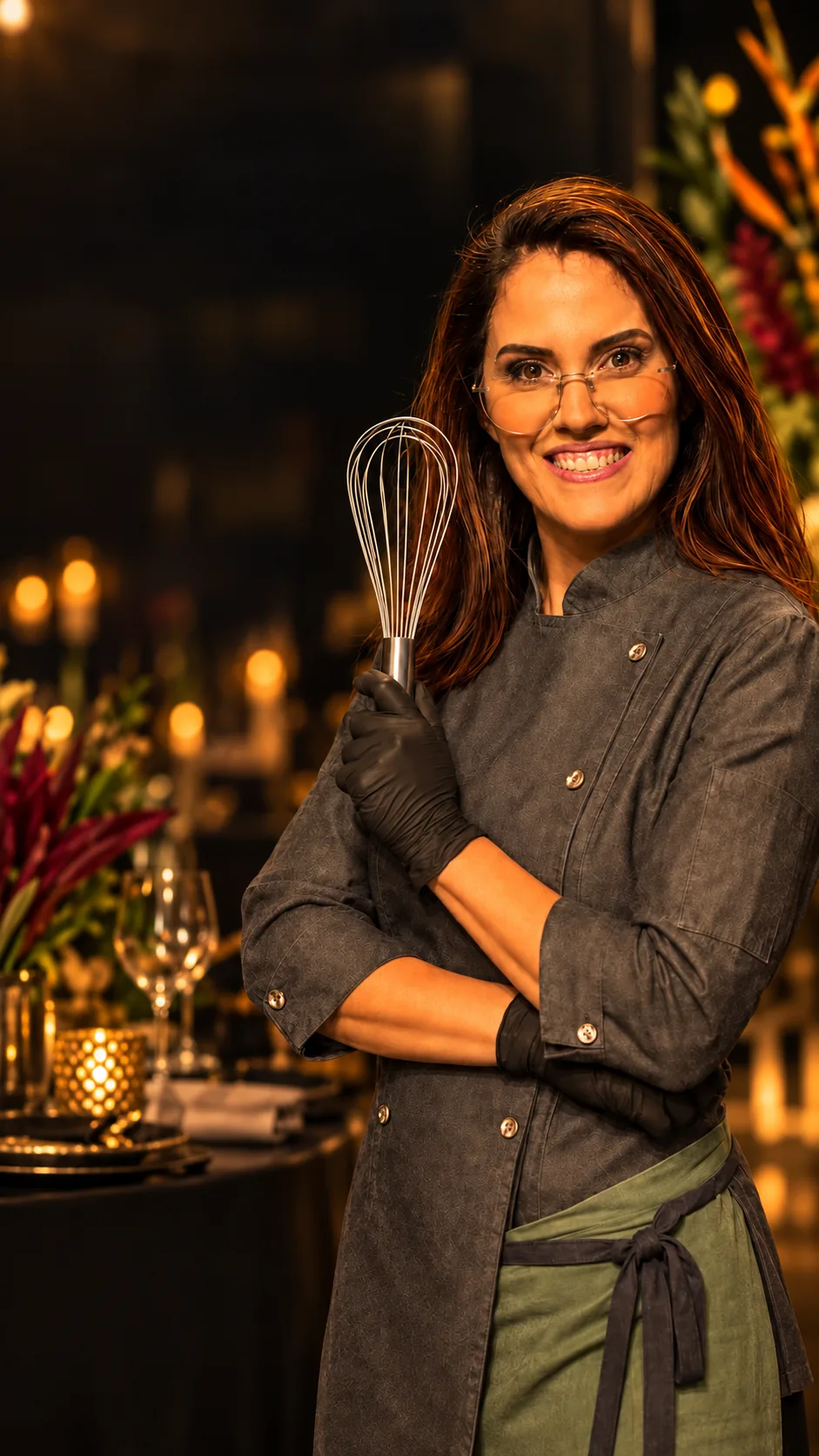 Chef Flávia Sperandio segurando um fouet, em pé, com proporção natural do corpo